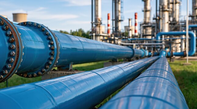 Blue industrial pipes leading to oil refinery plant in background