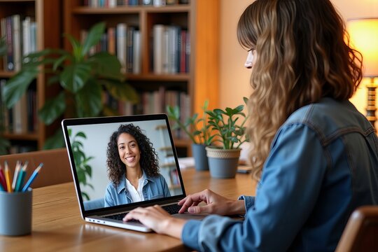Inviting Home Office Scene Featuring an Academic Advisor on a Video Call, Focusing on a Digital Scholarship Portfolio with Emphasis on Guidance and Support
