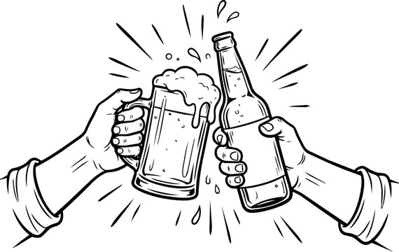 Beer toast with hands holding a glass mug and a bottle, vector illustration of celebration.