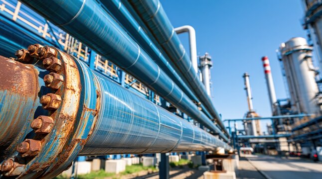 Industrial blue pipes with rusty flange in petrochemical refinery plant under blue sky