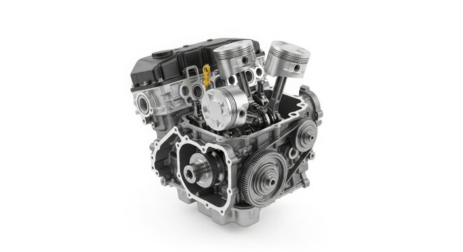 Internal combustion engine showing pistons and crankshaft mechanism in a detailed mechanical assembly isolated against a clean white studio background