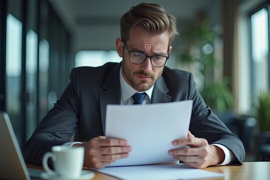 Intimate View of an Employee Anxiously Reviewing Their Performance Appraisal at a Modern Office Desk with Soft Lighting