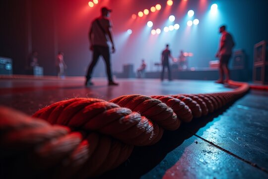 Dynamic Low-Angle Shot of Coiled Heavy-Duty Rope on Venue Floor, with Blurred Technicians Silhouettes in the Background, Showcasing Preparation Hustle
