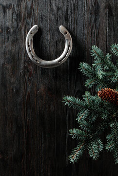 Old horseshoe and spruce branches on a black wooden background.
