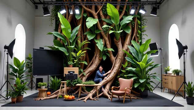 The image depicts a studio setting designed to resemble a lush, indoor jungle scene with a large, central tree featuring thick, twisted branches and oversized green leaves