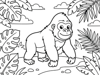 Obraz premium Cute gorilla in the jungle coloring page for kids