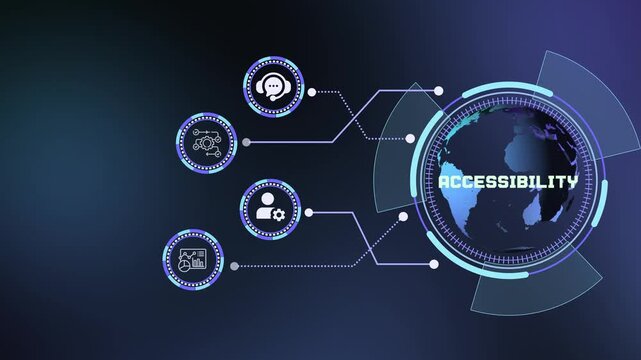 Modern tech accessibility background featuring digital world map, circuit nodes, and system access icons.