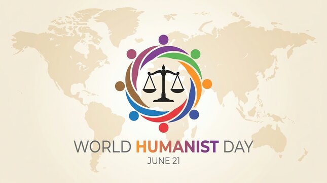 World Humanist Day Celebration Poster with Equality Scale Icon and World Map Background