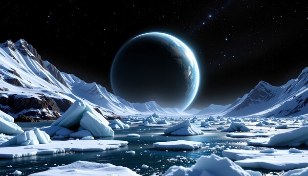The image depicts a frozen landscape with snow covered mountains rising on either side, framing a vast icy terrain dotted with broken icebergs and floating ice chunks