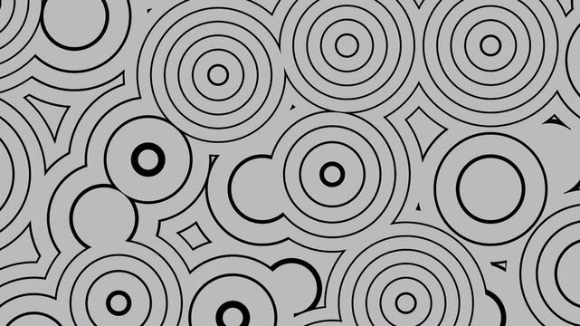 Gray concentric circles overlap black geometric shapes, creating intricate patterns. Suitable for abstract design projects or backgrounds with a modern aesthetic.
