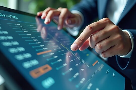 Detailed View of Hands Fine-Tuning Sliders and Toggle Switches on a Modern Digital Interface, Softly Highlighting Tax Rate Settings