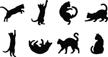 Obraz premium Playful Cats Silhouette Vector Collection with Jumping Stretching and Sitting Poses Isolated
