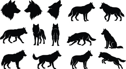 Obraz premium Wolf Silhouette Vector Collection with Howling and Running Poses Isolated on White Background