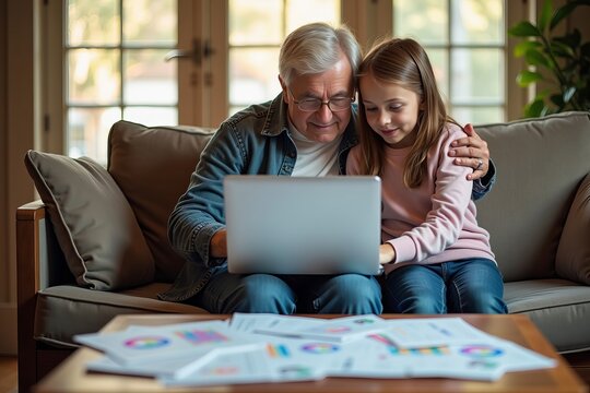 Warm Living Room Moment: A Grandparent and Grandchild Bond Over Colorful Graphs on a Laptop Amidst Educational Savings Plan Documents