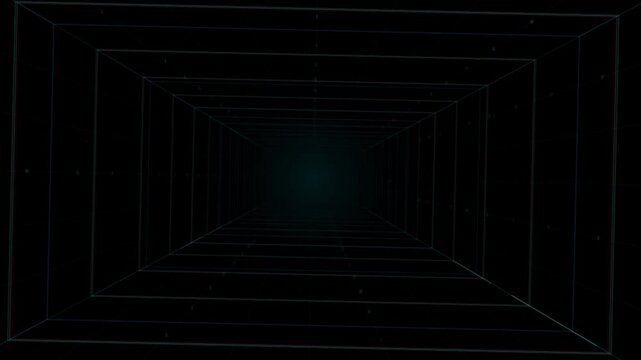 Cybersecurity Wireframe Grid Tunnel and Binary Data Loop