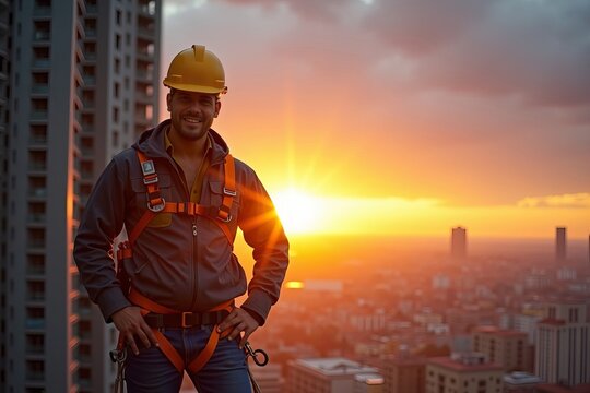 Construction Worker Poses Confidently at the Edge of a High-Rise Amidst a Stunning Sunset, Safety Harness Securely Fastened but Unseen