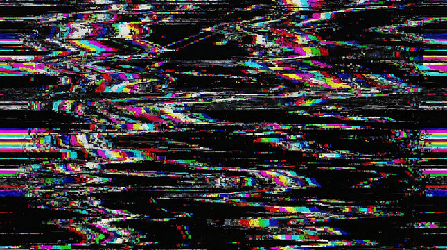 Retro VHS Glitch Background with Distorted Digital Noise and Colorful Static Interference