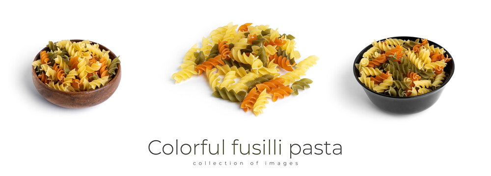 Colorful fusilli pasta isolated on a white background.