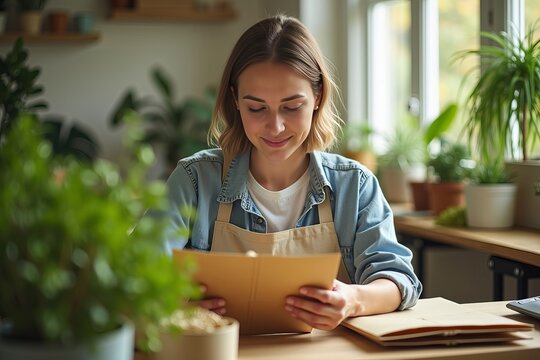 Dynamic Shot of a Worker Efficiently Packing Eco-Friendly Products in Biodegradable Mailers Amidst Lush Greenery and Natural Light to Highlight Sustainability