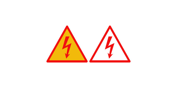 High voltage warning sign with red thunderbolt symbols in yellow and transparent triangles for electrical safety alerts.
