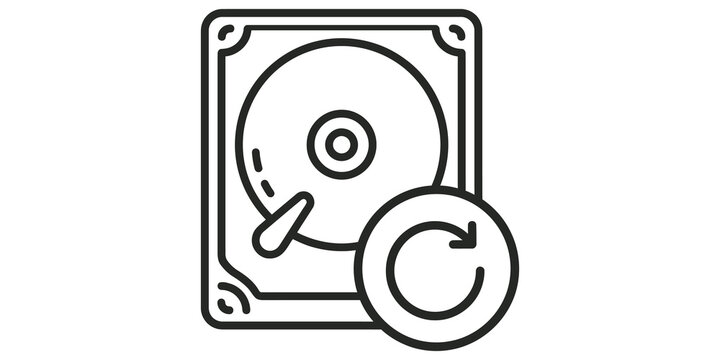 Hard disk drive backup and recovery icon with refresh symbol on transparent background, representing data storage and security.