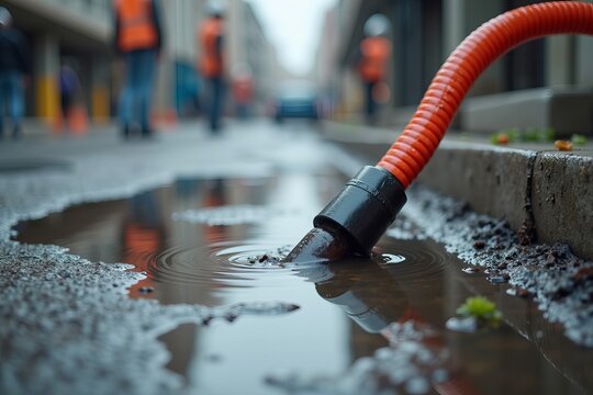 Contrasting Industrial and Natural: An Electric Cable Partially Submerged in a Rainwater Puddle at a Construction Site