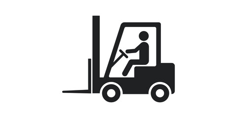 Fototapeta premium Forklift truck black icon with operator, representing industrial transportation and warehouse logistics.