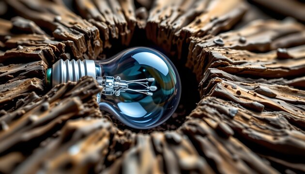 The image features a clear, traditional incandescent light bulb resting in a circular opening surrounded by a rough, textured wooden surface with charred and splintered edges