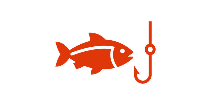 Orange fish caught on hooked line vector icon representing fishing activity and marine life.