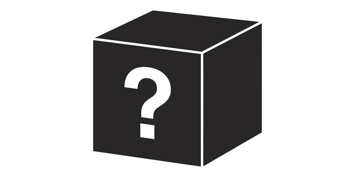 Question mark inside cube box icon for mystery package delivery or unknown product cargo branding.