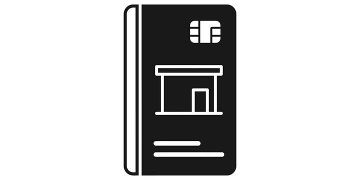 Black outline credit card icon illustration with chip and store symbol representing shopping and payment.