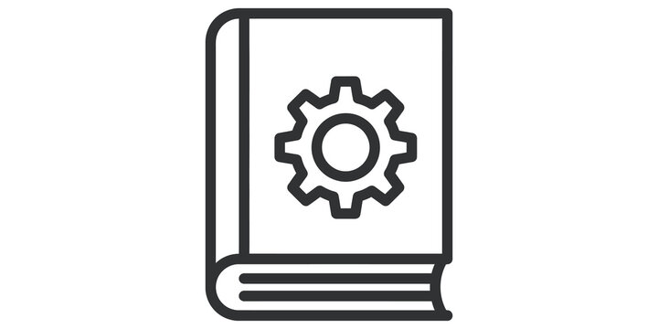 Technical manual book icon with central gear graphic for engineering industry documentation and machine maintenance guide.