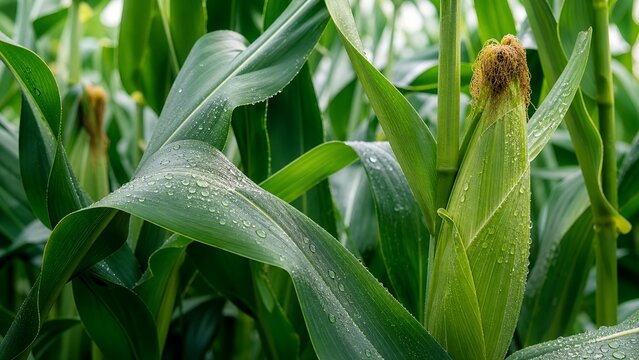  Ear of corn on stalk with water droplets