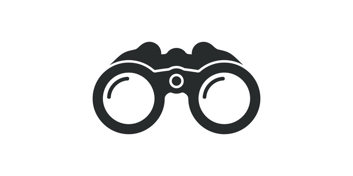 Black silhouette of binoculars on a transparent checkered background for travel or observation.