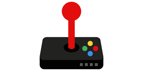 Retro video game controller joystick featuring red round knob and colorful action buttons for interactive gaming and digital entertainment. © 扁平化图标 