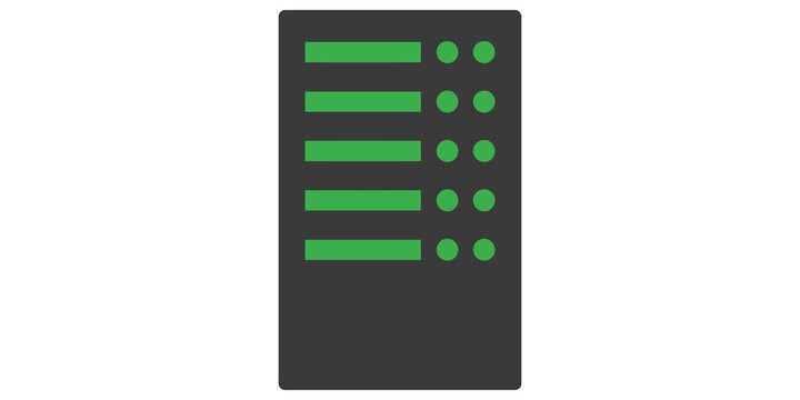Data server rack icon with green status lights representing cloud computing infrastructure and network connectivity.