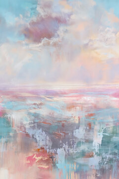 Abstract seascape painting featuring calm water reflecting a soft pastel sunset sky. Impressionistic brushstrokes convey tranquility and ethereal beauty