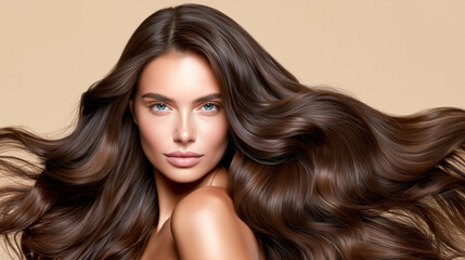 Naklejka premium Woman with long silky wavy hair flowing around her shoulders, flawless skin and direct gaze, luxury haircare beauty campaign on warm ivory background.