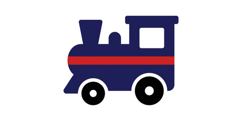 Blue toy train locomotive icon with red stripe for kids education or transport themes. © 扁平化图标 