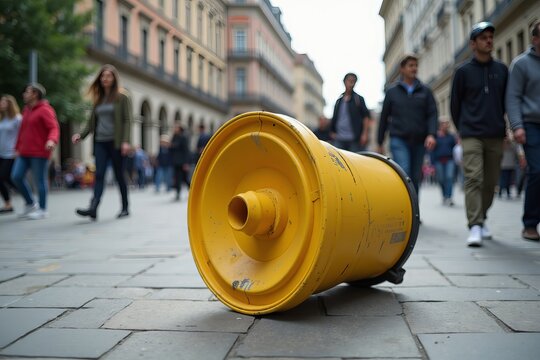 Vibrant Trash Can Topples Amidst the Hustle of Urban Life