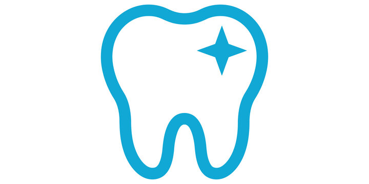 Minimalist blue tooth outline icon with sparkling star element for dental care and hygiene branding.