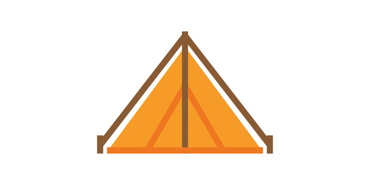 Orange camping tent illustration with brown support poles for outdoor adventure and tourism concepts.