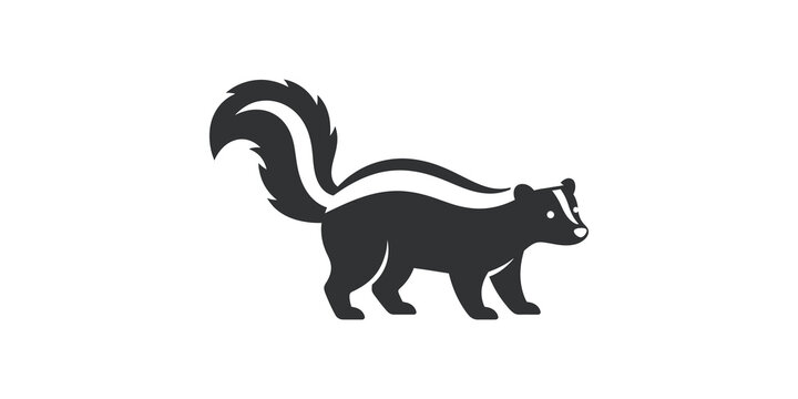 Black silhouette of a skunk with fluffy tail isolated on white background for wildlife or animal emblem designs.