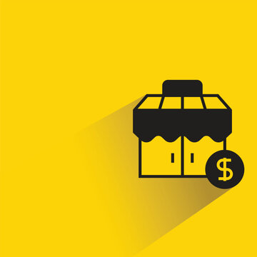 shop and dollar coin icon with shadow on yellow background