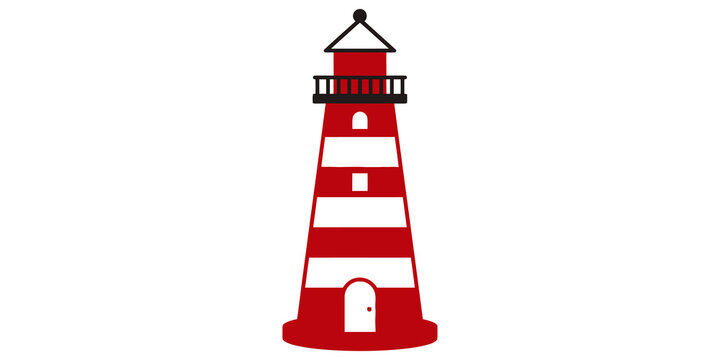 Red and white striped lighthouse icon with black roof for nautical and coastal maritime navigational concepts.