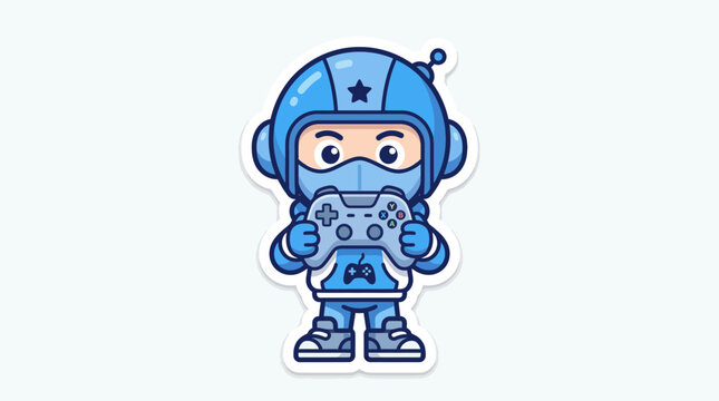Chibi robot gamer character holding a game controller.