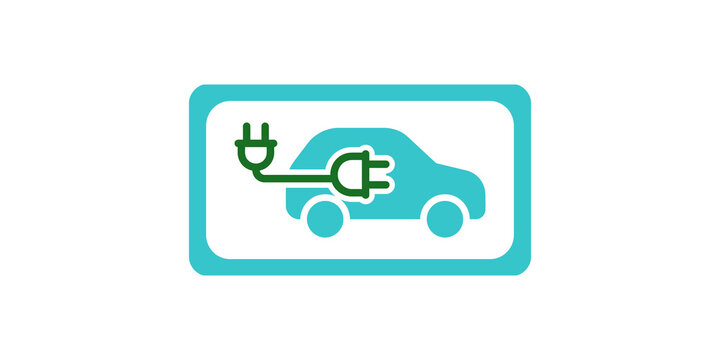 Electric car charging station symbol with green plug and teal frame for modern vehicle power signage.