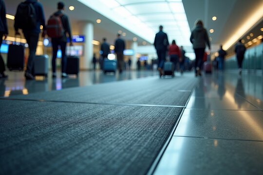 Close-Up of a Worn Floor Mat at an Airport Entrance Amidst the Buzzing Flow of Passengers, Highlighting the Contrast Between Calm and Chaos