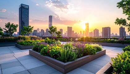 Fototapeta premium Beautiful rooftop garden terrace with colorful flowers and lush plants overlooking a modern city skyline during a stunning golden sunset view.