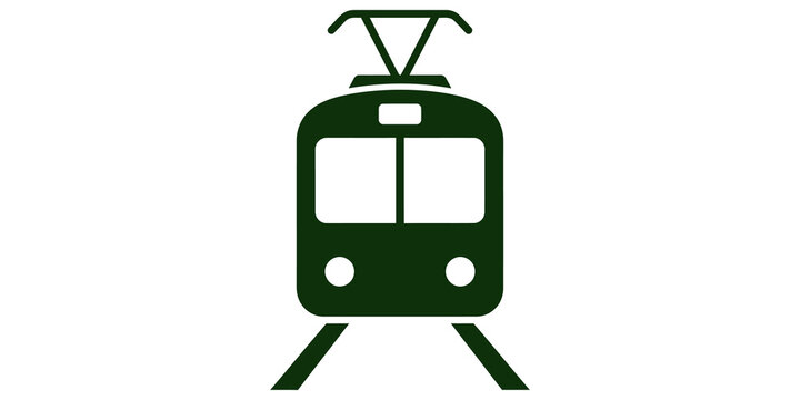 Front view of a dark green tram or streetcar on rails for urban transport design.
